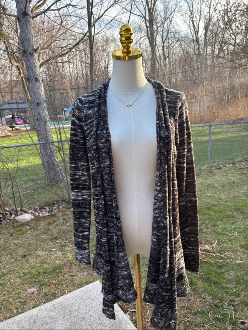 ONE WORLD Black & White Marled Open-Front Cardigan